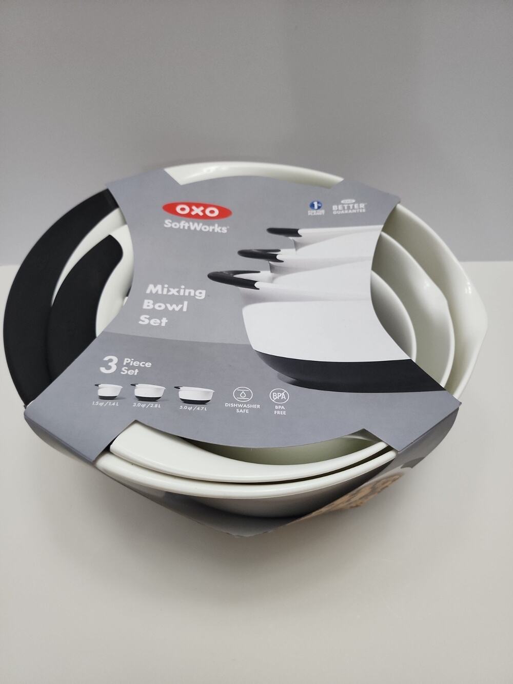 OXO SoftWorks 3- Piece Plastic Mixing Bowl Set, White/Black 1.5 Qt., 3 Qt., 5 Qt